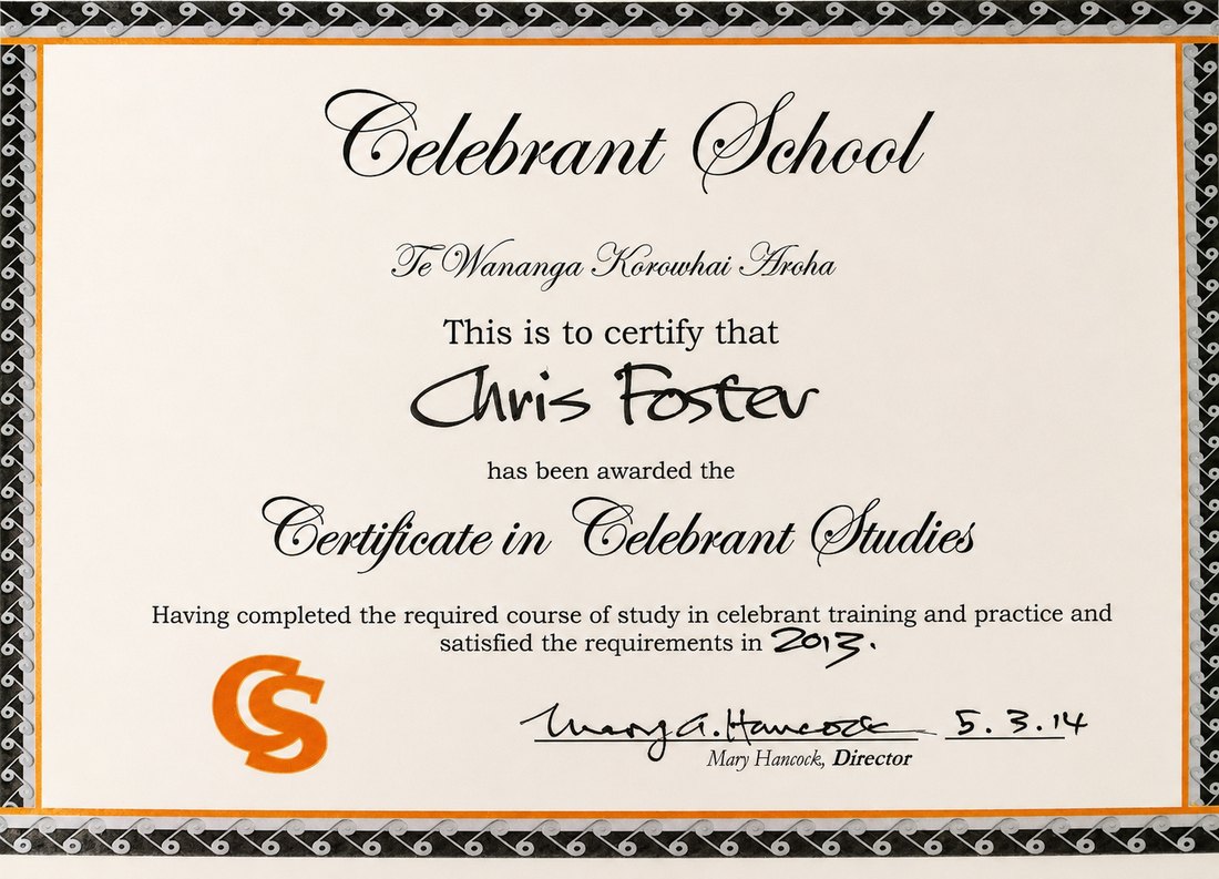Certificate in Celebrant Studies awarded to Chris Foster by Celebrant School